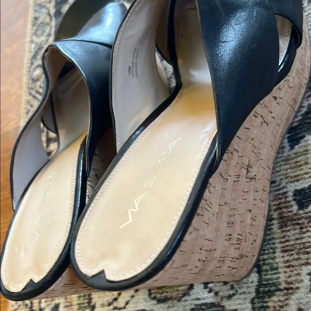 Via Spiga Black Leather Cork Wedge Sandals sz 10